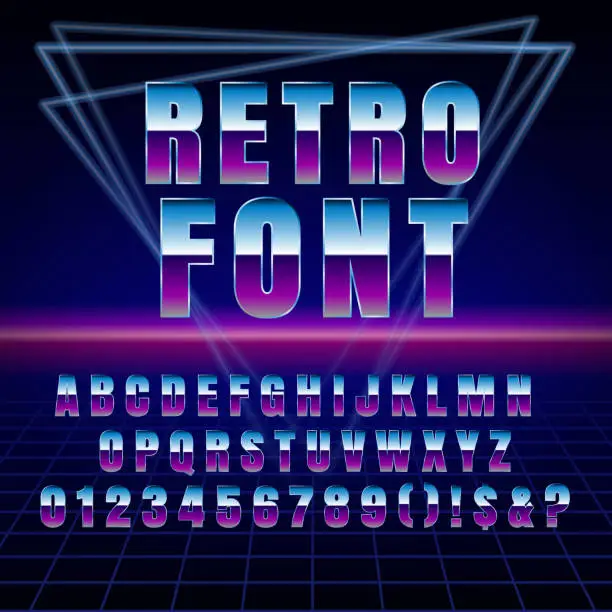 Vector illustration of Shiny Chrome Alphabet in 80s Retro Futurism Sci-Fi style. Vector Retro galaxy space font in the style of the 1980 holographic font. vector illustration abc in neon abstract background