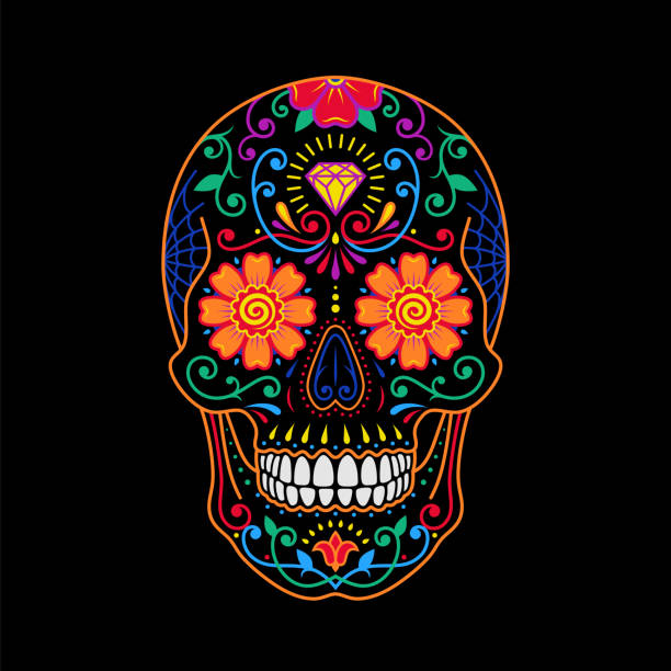 ilustraciones, imágenes clip art, dibujos animados e iconos de stock de cráneo decorativo colorido de azúcar mexicano pintado en negro - dia de muertos