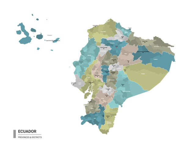 ilustrações, clipart, desenhos animados e ícones de equador higt mapa detalhado com subdivisões. mapa administrativo do equador com nomes de distritos e cidades, coloridos por estados e distritos administrativos. ilustração vetorial. - tena