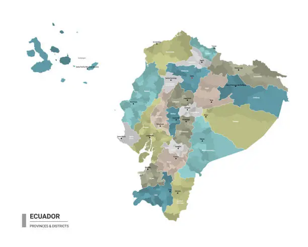 Vector illustration of Ecuador higt detailed map with subdivisions. Administrative map of Ecuador with districts and cities name, colored by states and administrative districts. Vector illustration.