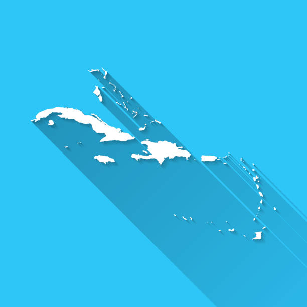 Caribbean map with long shadow on blue background - Flat Design White map of Caribbean isolated on a blue background with a long shadow effect and in a flat design style. Vector Illustration (EPS10, well layered and grouped). Easy to edit, manipulate, resize or colorize. caribbean stock illustrations