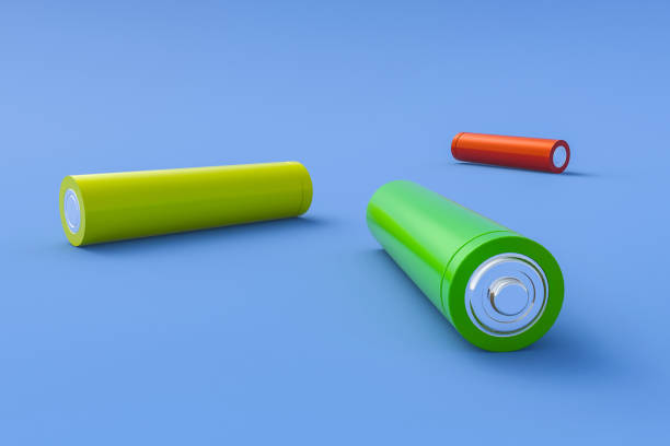 istock Three blank green red and yellow color batteries aa or aaa size scattered on blue background. Concept of alternative fuel and saving ecology. 3d rendering 1285675753