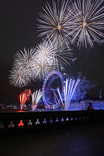 New Year's Eve Fireworks at The London Eye, London. Taken from Westminster Bridge