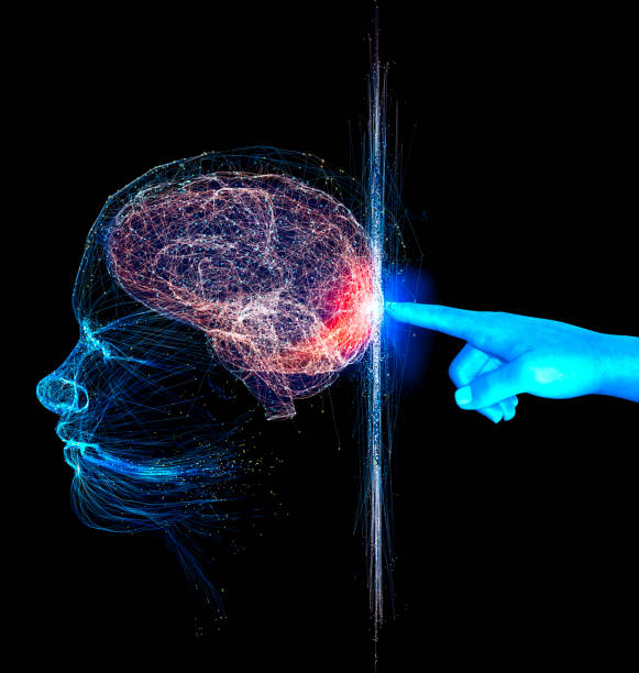 istock Digital consciousness, transfusion of intellect, digital identity. Artificial intelligence. Side view of a face and a pointing finger. 1285676853