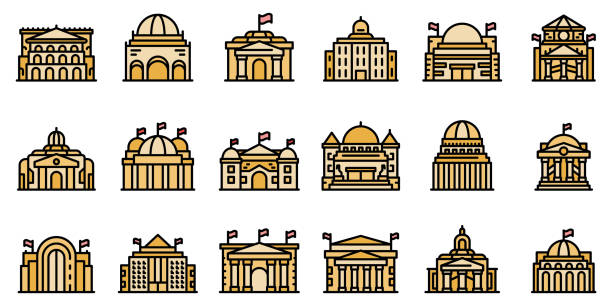 ilustraciones, imágenes clip art, dibujos animados e iconos de stock de iconos del parlamento establecen vector plano - budapest parliament building hungary government