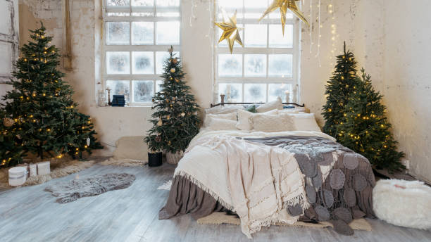 istock Beautiful cozy bedroom with winter style interior 1285680829