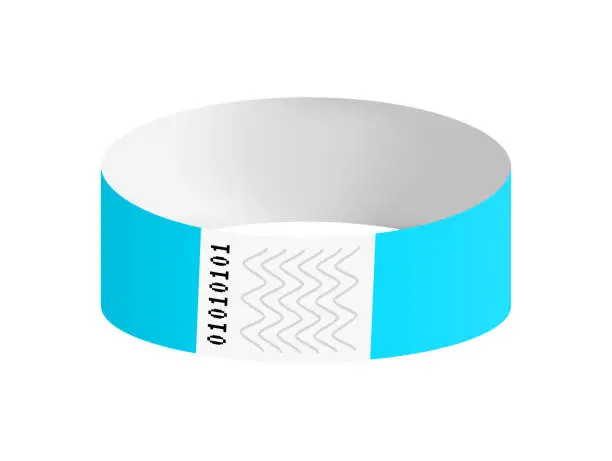 Vector illustration of Vector luminous neon blue or cyan cheap empty bracelet or wristband. Sticky hand entrance event paper bracelet isolated on black. Template or mock up suitable for various uses of identification.