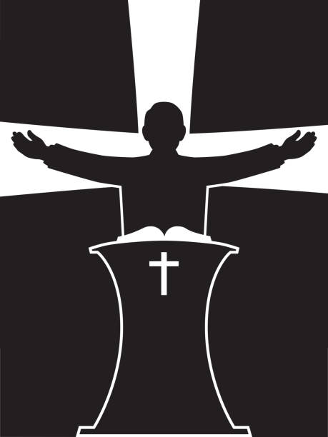 Stylized Preacher in Silhouette A preacher in silhouette is standing at his pulpit with his arms outspread preacher stock illustrations
