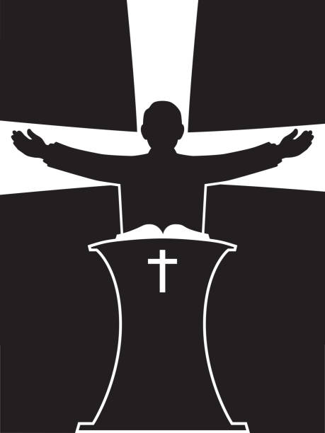Stylized Preacher in Silhouette A preacher in silhouette is standing at his pulpit with his arms outspread mens ministry stock illustrations