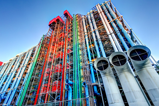 Paris, France - July 5, 2019: Exterior of the Pompidou Center designed by Renzo Piano and Richard Rogers featuring exposed pipes and infrastructure