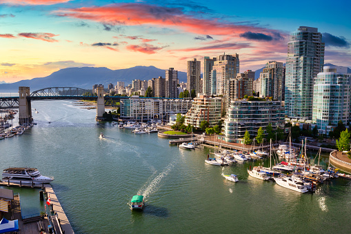 An image showcasing the serene and picturesque Vancouver Marina, with its array of docked boats and yachts set against a backdrop of the city's distinctive skyline, reflecting the perfect blend of urban sophistication and nautical charm.