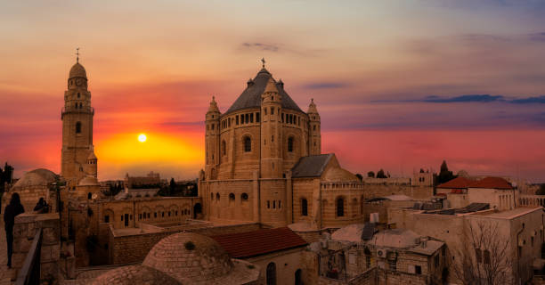 Panoramic View of King David's Tomb in the Old City Panoramic View of King David's Tomb in the Old City. Colorful Sunset Artistic Render. Taken in Jerusalem, Israel. tomb of the virgin mary in jerusalem stock pictures, royalty-free photos & images