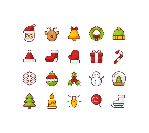 ikony konturu płaskiego koloru bożego narodzenia - calendar holiday december christmas stock illustrations