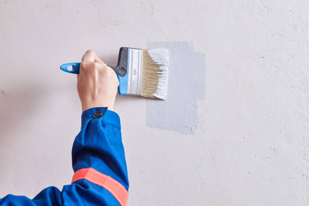 istock Worker paints wall by paint and painting brush during renovation. 1285693201