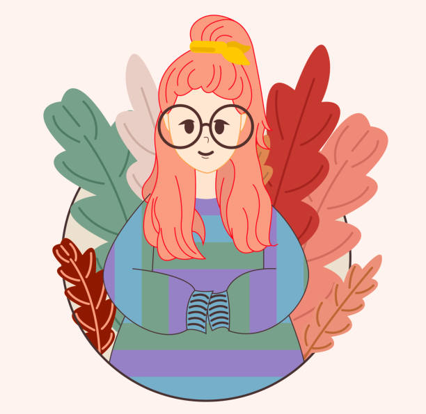 Vector illustration of a cute girl in glasses and a striped sweater. vector art illustration
