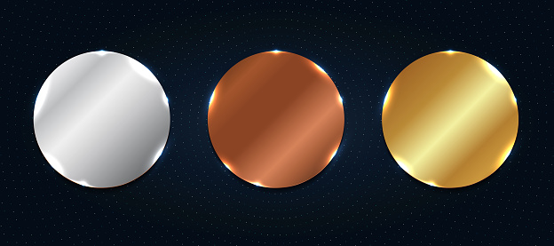 Set of abstract copper, silver, gold shiny metallic circle label or badges with particles elements on dark blue background