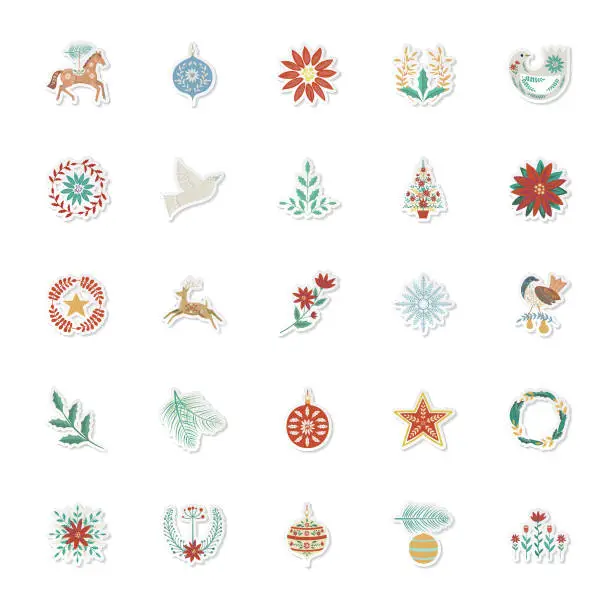 Vector illustration of Christmas Folk Art Sticker Set