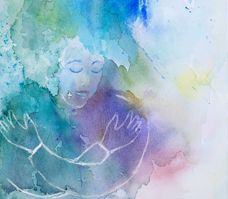 Woman embracing herself. Concept of self love. Watercolor painting on paper. My own work.