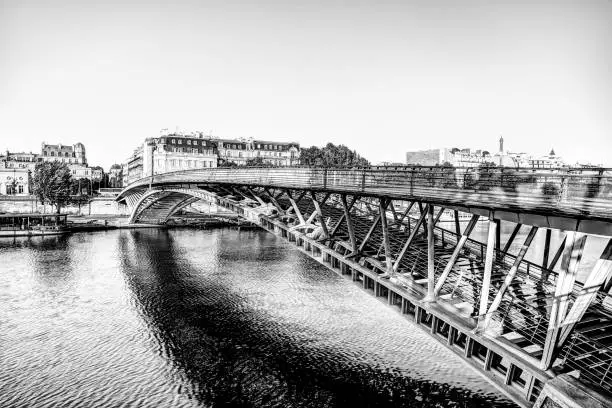 Paris, France - July 4, 2019: Architectural details and padlocks of the Passerelle Léopold-Sédar-Senghor footbridge in Paris France