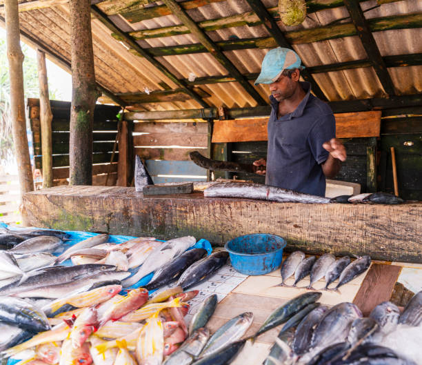 istock Man selling fish at small local fish market 1285704238