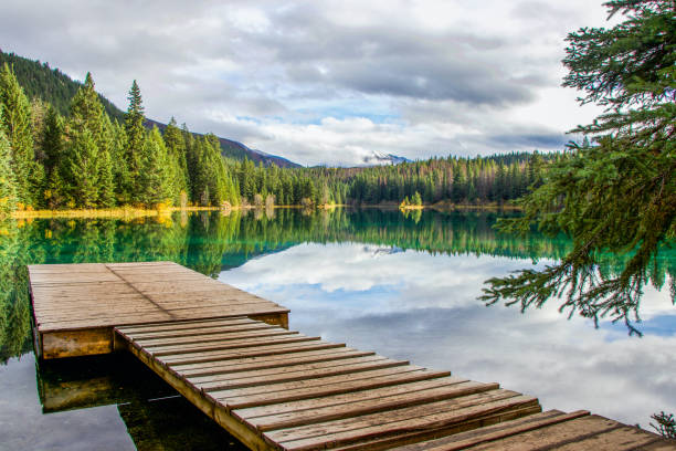 istock wood dock on a tranquil lake, Jasper National Park 1285710543