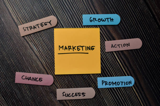 istock Marketing write on a sticky note. Supported by an additional services isolated wooden table. 1285713001