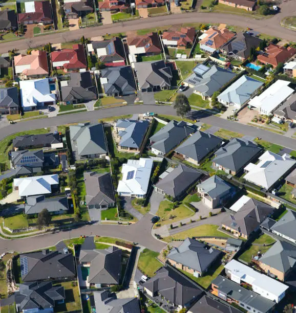 Aerial view of typical modern Australian urban residential area in Newcastle NSW Australia