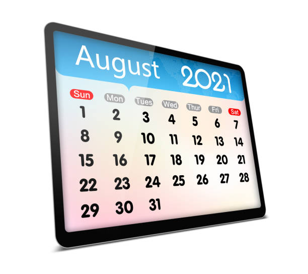 (Clipping path) August 2021 calendar on digital tablet isolated