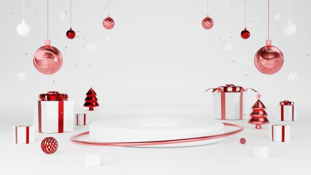 3D rendering Product display stand With ball element, gift box, tree, ribbon. Background illustration about new year and Christmas.