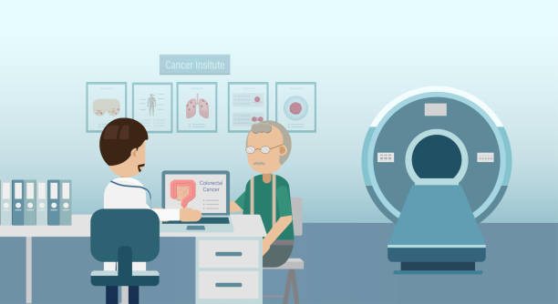 Colorectal cancer concept Doctor with colorectal cancer patient and ct scanner flat design vector illustration colon cancer screening stock illustrations