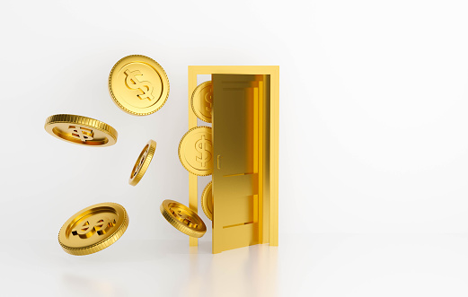 3d rendering for jackpot winner, bank cash flow, casino poker and budget concept. Open door money dollar isolated on white background abstract with golden coins. flying money. Creative idea design.