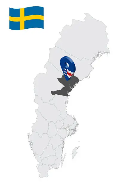 Vector illustration of Location Vasternorrland County on map Sweden. 3d location sign similar to the flag of  Vasternorrland County. Quality map  with regions of  Sweden for your design. EPS10.