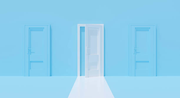 istock 3d blue wall with white open door on pastel background abstract. Conceptual creative ideas minimal. Room 3d rendering for success business, alone concept. Inside home interior. 1285736004