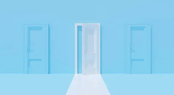 Photo of 3d blue wall with white open door on pastel background abstract. Conceptual creative ideas minimal. Room 3d rendering for success business, alone concept. Inside home interior.