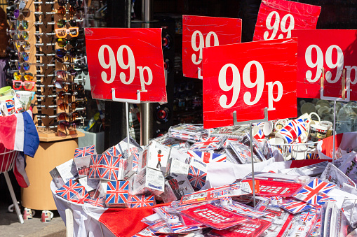 Souvenirs in Gift Store in Camden Town, London, including items with the Union Jack printed on them and some commercial objects