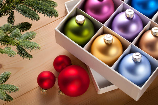 istock Christmas tree decorations. Box with Christmas balls. 1285741500