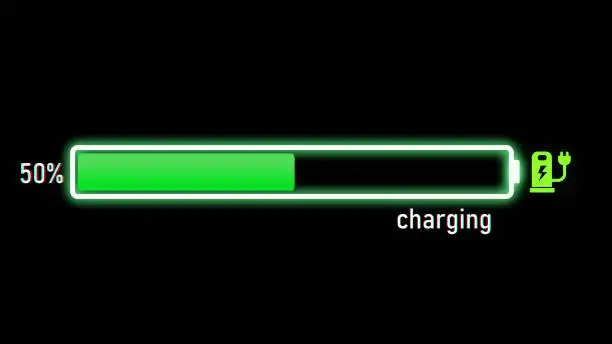 Electric Charging Progress bar, electric vehicle or phone battery indicator showing an increasing battery charge. The battery indicator shows it fills up to 50%