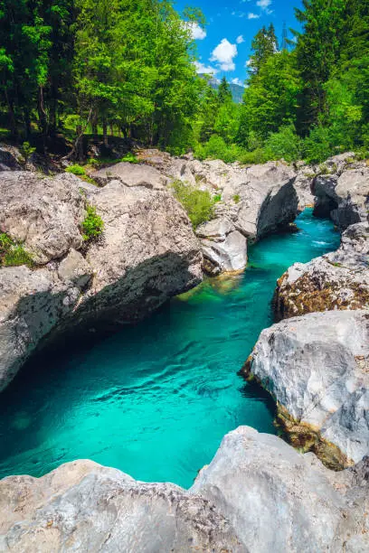 Photo of Beautiful Soca river in the narrow rocky canyon, Bovec, Slovenia