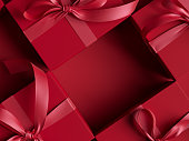 Give gifts compliments concept, cosmetic shop advertising with red gift box. Valentine day banner. 3d rendering.