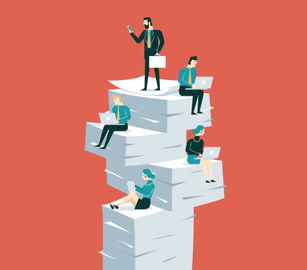 Business people sitting on piles of documents working Business people sitting on piles of documents working, busy businessman stock illustration stack of papers stock illustrations