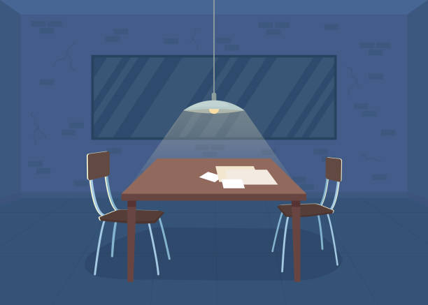 ilustraciones, imágenes clip art, dibujos animados e iconos de stock de sala de interrogación ilustración vectorial de color plano - entrevista