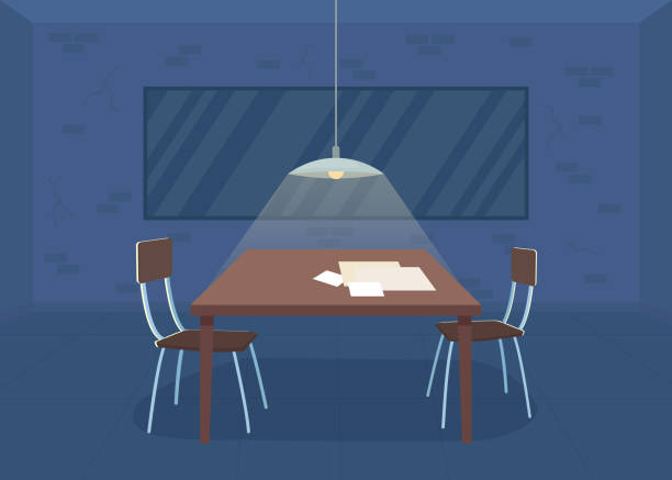 Interrogation room flat color vector illustration Interrogation room flat color vector illustration. Police department. Detective office. Detention for crime suspect. Empty investigation room 2D cartoon interior with two sided mirror on background police interview stock illustrations
