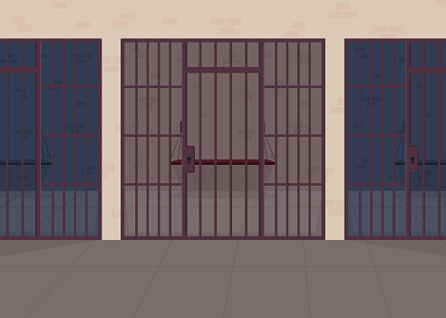 Jail flat color vector illustration. Police department. Detention center for prisoner. Punishment for legal crime. Justice and law. Prison 2D cartoon interior with bars row on background