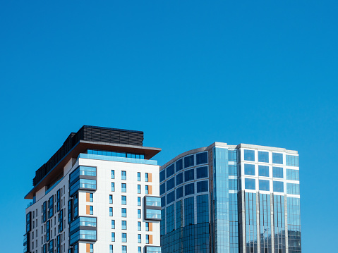 Yekaterinburg, Russia, August 27, 2020: Kandinsky Residential complex against the blue sky in the city center, in Sunny summer weather. Luxury modern real estate