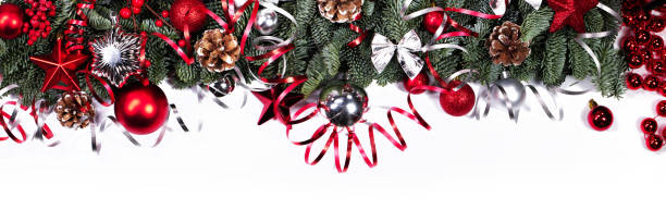 istock Christmas fir and decorations on white 1285747547