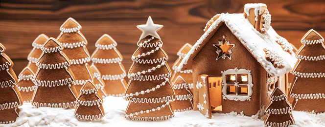 Gingerbread house christmas fir trees cookies in snow winter holiday celebration concept