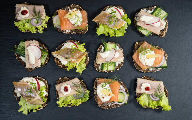 smoked fish canapes with smoked fish baltic sea photos stock pictures, royalty-free photos & images