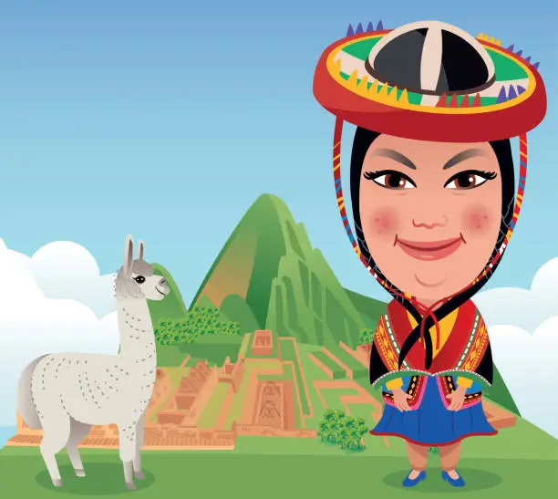 Vector illustration of Machu Picchu and Peruvian woman