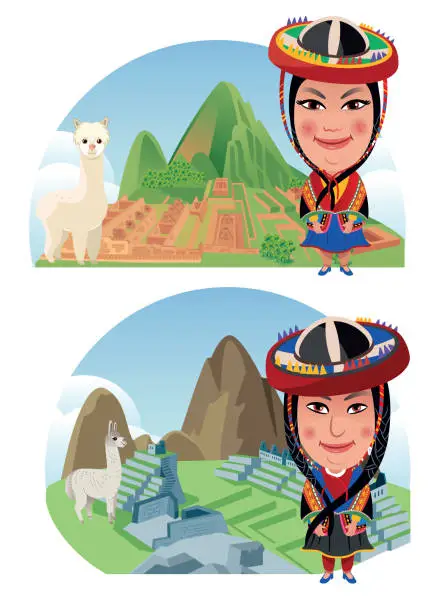 Vector illustration of Machu Picchu and Peruvian woman