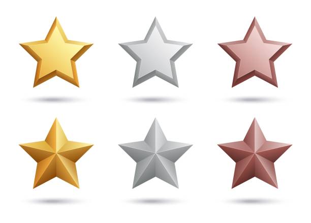 Realistic stars. Gold silver bronze stars isolated on white background. 3D vector metal elements Realistic stars. Gold silver bronze stars isolated on white background. 3D vector metal elements. Illustration silver and gold star, bronze award gold metal icons stock illustrations